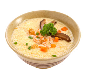 Steamed Egg with shrimp isolated on white Background.