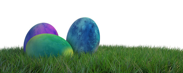 Colorful handcrafted Easter eggs on spring grass