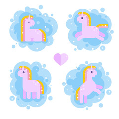 Set of magical unicorns for kids. Vector flat illustration.