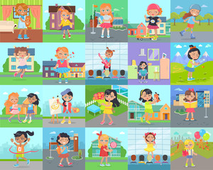 Little Girl Leisure and Hobby Vector Concepts Set