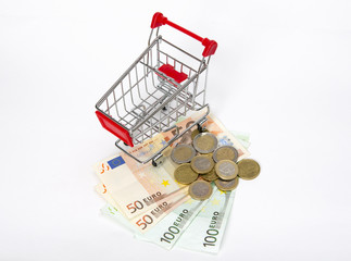 Online shopping concept image. Miniature shopping cart with European currency