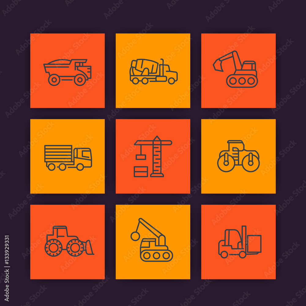 Sticker construction vehicles line icons set, heavy machines, digger, trucks, excavator, loader, construction crane