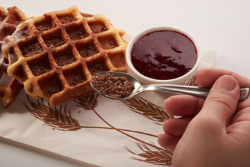 Belgian waffles and jam isolated