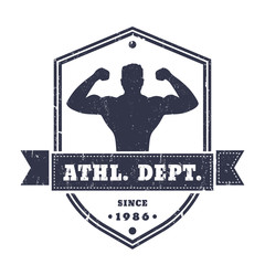 Fitness, gym vintage logo, badge, emblem with posing athlete on shield shape, isolated on white, texture can be removed, vector illustration