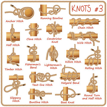 Set of rope knots, hitches, bows, bends isolated on white background. Decorative vector design