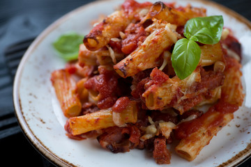 Close-up of traditional italian ziti on a plate, studio shot