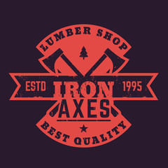 lumber shop vintage logo, badge with lumberjacks axes