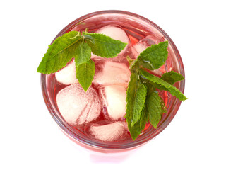 fruity lemonade with ice on a white background