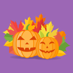 Halloween pumpkins and autumn leaves on purple background. Vector illustration.