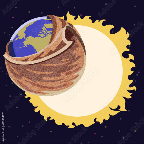 "Earth covered in a blanket eclipsing the sun." Imagens e vetores de