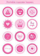 Set of pink cupcake toppers, labels for wedding
