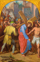 VIENNA, AUSTRIA - DECEMBER 19, 2016: The painting The Jesus carries his cross in church kirche St. Laurenz (Schottenfelder Kirche) by unknown artist of 19. cent.
