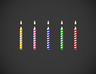 Birthday cake Candles flame realistic set isolated on dark backg