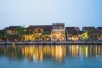 Quang Nam, Vietnam - Apr 1, 2016: Hoi An ancient town viewing from Thu Bon river by twilight period. Hoi An is UNESCO world heritage, one of the most popular destinations in Vietnam