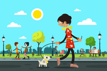 Woman with Dog and People in City Park on Background