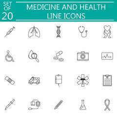 Medicine and health line pictograms package, medical symbols collection, vector sketches, logo illustrations, linear icons isolated on white background, eps 10.