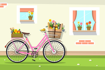 Retro Pink Bicycle with House Wall and Windows