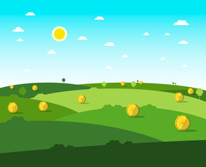 Empty Field. Vector Flat Design Meadow. Sunny Day with Blue Sky.