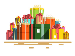 Vector Flat Design Paper Gift Boxes Pile. Retro Present Box Set Isolated on White Background.