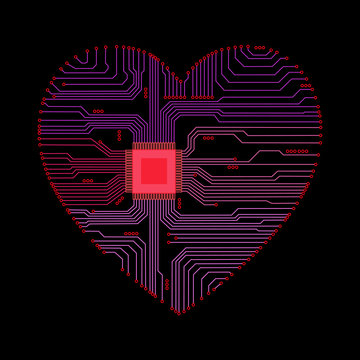 Abstract heart. Heart as an electronic chip. Vector illustration.