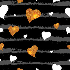  White and gold glitter texture hearts seamless pattern. Vector illustration. 
