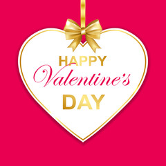 Happy Valentines day greeting card with callygraphy. Paper heart frame with gold bow. Vector Illustration.