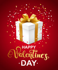 Happy Valentines day greeting card with callygraphy, hearts confetti and gift box. Vector illustration.