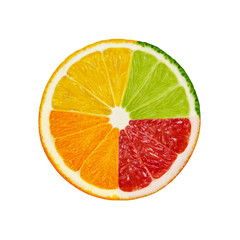 Fototapeta na wymiar Cut slices of lime and lemon, orange, pink grapefruit isolated on white background