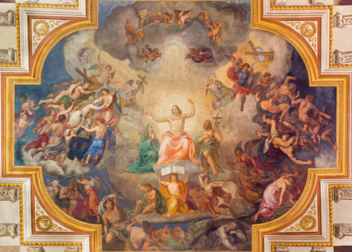 VIENNA, AUSTRIA - DECEMBER 19, 2016: The Last Judgment ceiling fresco in church Kirche St. Laurenz (Schottenfelder Kirche) by Fridrich Staudinger (1871).