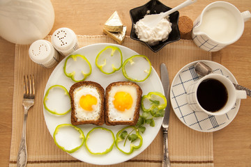 Healthy breakfast with toasted bread and eggs with cup of tea and milk.