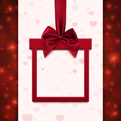 Red banner with  ribbon and bow in form of gift.