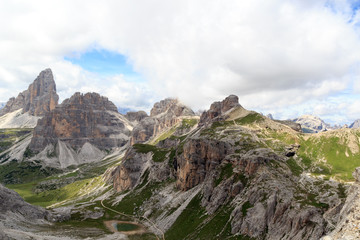 Fototapeta na wymiar Sexten Dolomites panorama with mountain Paternkofel and Drei Zinnen in South Tyrol, Italy
