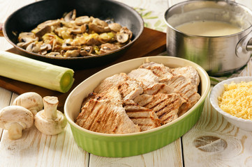 Grilled pork tenderloin with bechamel sauce, mushrooms and mashed potatoes. Cooking process.