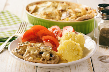 Grilled pork tenderloin with bechamel sauce, mushrooms and mashed potatoes.