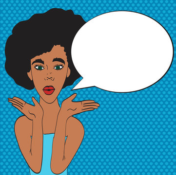 Pop art young woman's face with an open mouth and big bulging eyes. black woman surprised retro woman in comic style. Vector illustration.