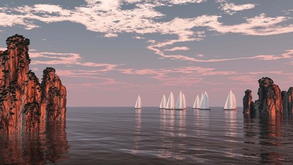 Obrazy na Szkle  3d illustration sea racing with yachts