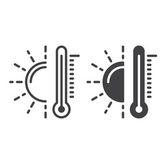 Thermometer and sun line icon, outline and filled vector sign, linear and full pictogram isolated on white. Hot temperature symbol, logo illustration