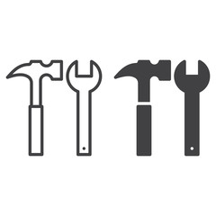 Hammer and wrench line icon, outline and filled vector sign, linear and full pictogram isolated on white. Tools symbol, logo illustration