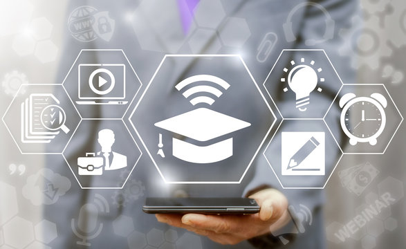 Online education business e-learning web computer concept. Learning workshop and presentation learn to think internet training knowledge technology. Graduation cap wifi icon