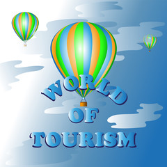 Naklejka premium Hot air balloon ride.The world of tourism. Vector image. Symbol, icon to cartoon, computer games, book illustrations, screen savers website or blog.