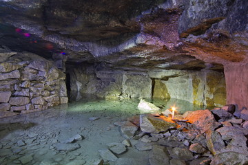 Old abandoned flooded limestone mine Gurievsky in Byakovo, Tula Region