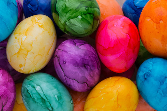 Easter eggs painted in colors on a white background.