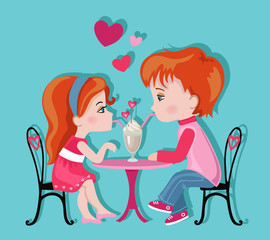 Cute girl and boy in cafe. Valentine's Day. Love card.