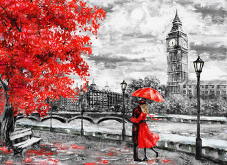 oil painting on canvas, street of london. Artwork. Big ben. man and woman under an red umbrella. Tree. England. Bridge and river - obrazy, fototapety, plakaty