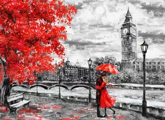 Ölgemälde auf Leinwand, Straße von London. Kunstwerk. Big Ben. Mann und Frau unter einem roten Regenschirm. Baum. England. Brücke und Fluss © lisima