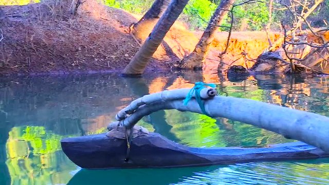 Sailing with a pirogue on indian river, Goa, India