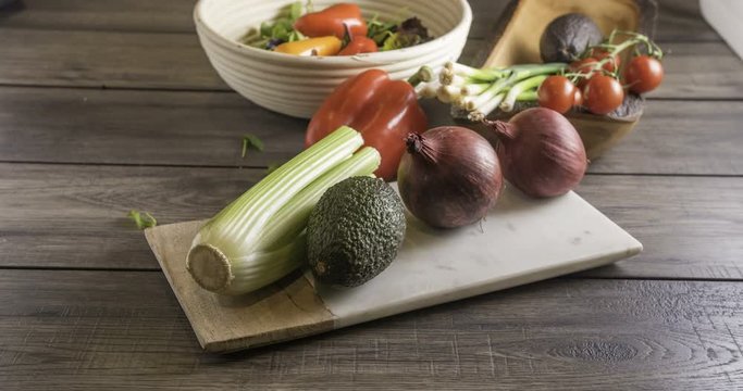 Stop motion view of fresh, healthy, organic ingredients for salad