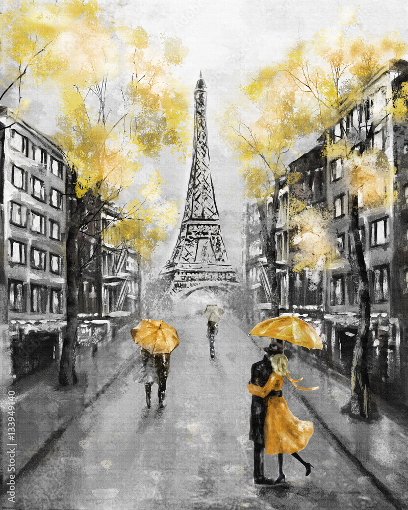 Wall mural Oil Painting, Paris. european city landscape. France, Wallpaper, eiffel tower. Black, white and yellow, Modern art. Couple under an umbrella on street