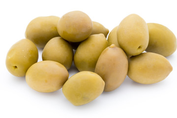 Green big olives on the white background.