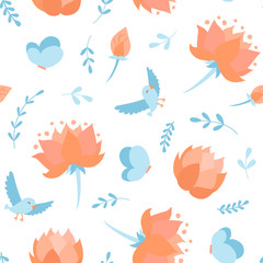 Seamless pattern with doodle cartoon vector floral elements